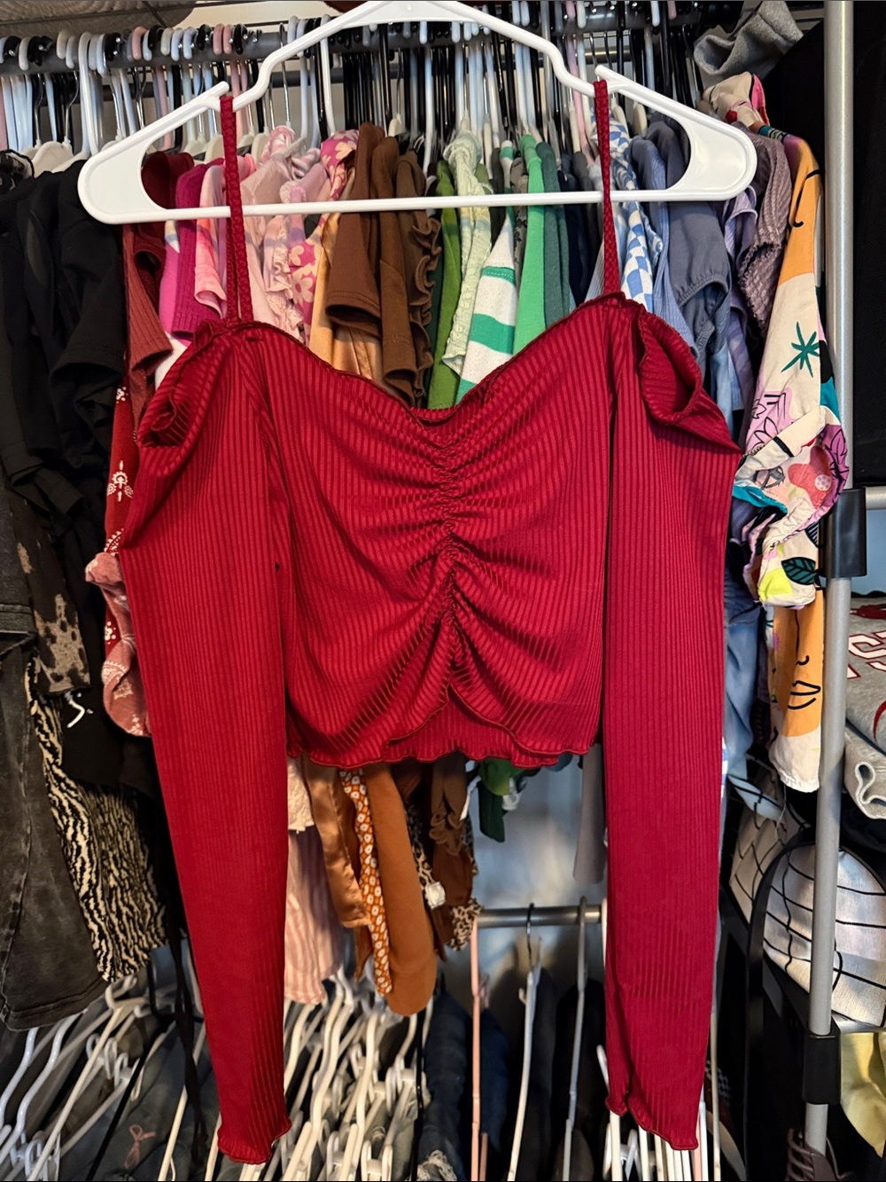 SHEIN Red Ribbed Ruched Long Sleeve Crop Top